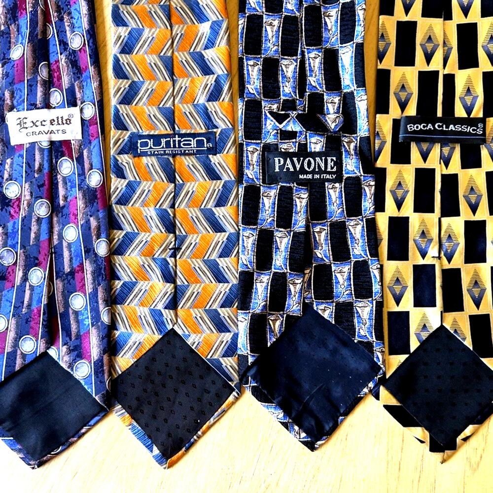 Lot 4 VTG Men Silk Ties Pavone Italy, Excello, Puritan, Boca Classics 80s 90s